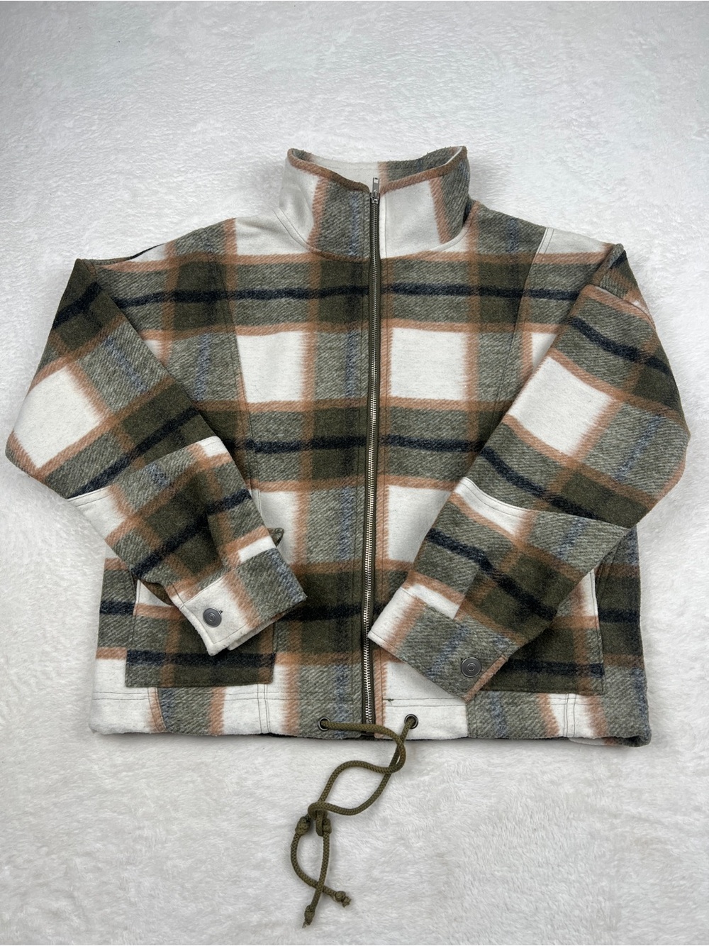 Staccato Plaid Cropped Zip Jacket Womens M Green Cream Drawstring EUC